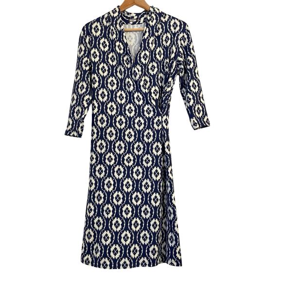 J. McLaughlin Catalina Cloth Faux-Wrap Dress Small Navy Geometric Office Stretch - Picture 1 of 13